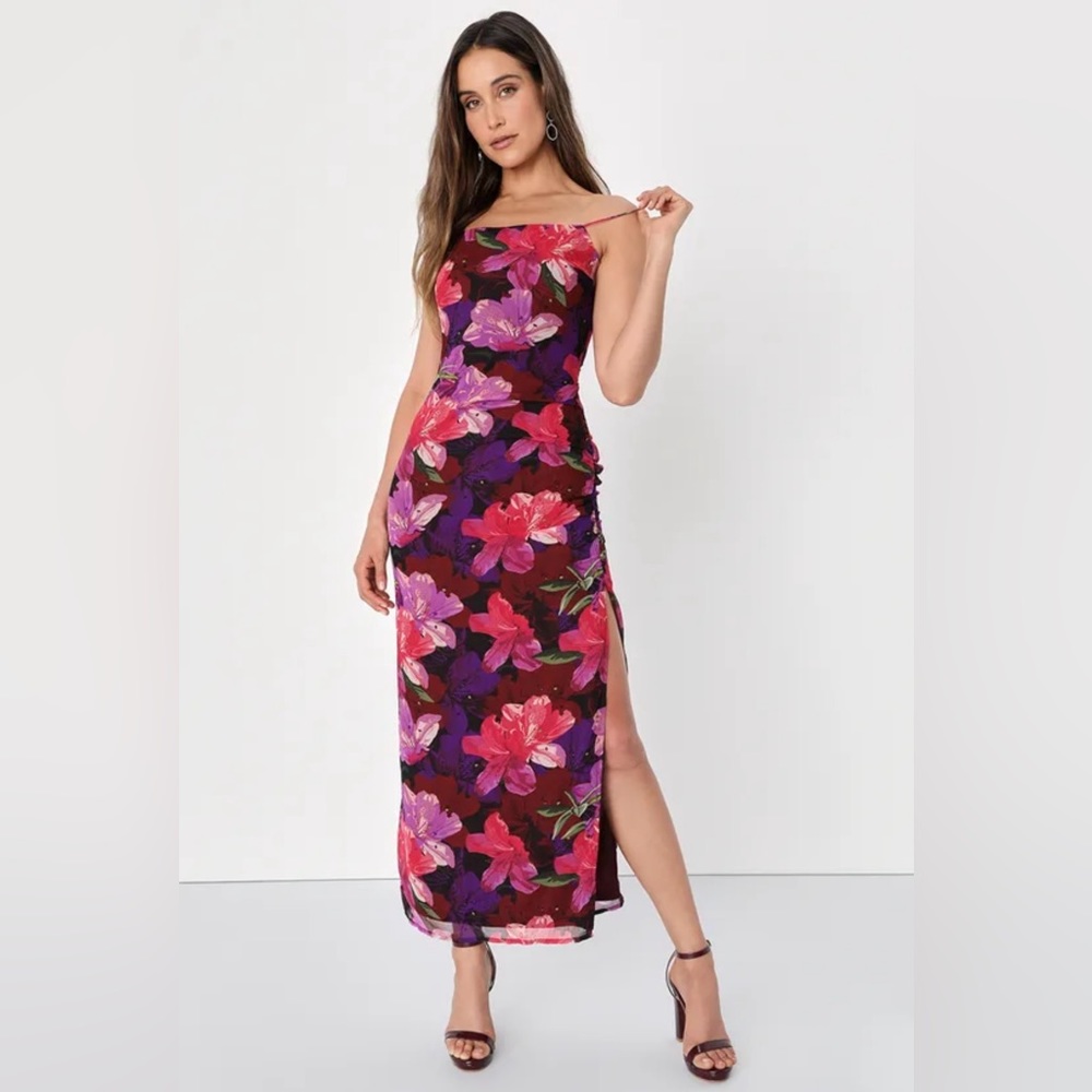 Lulus Fancy Floral Burgundy Multi Foral Ruched Column Midi Dress